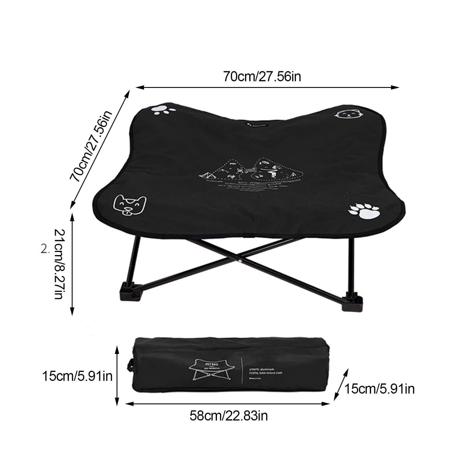 Black folding pet bed with measurements on a white background