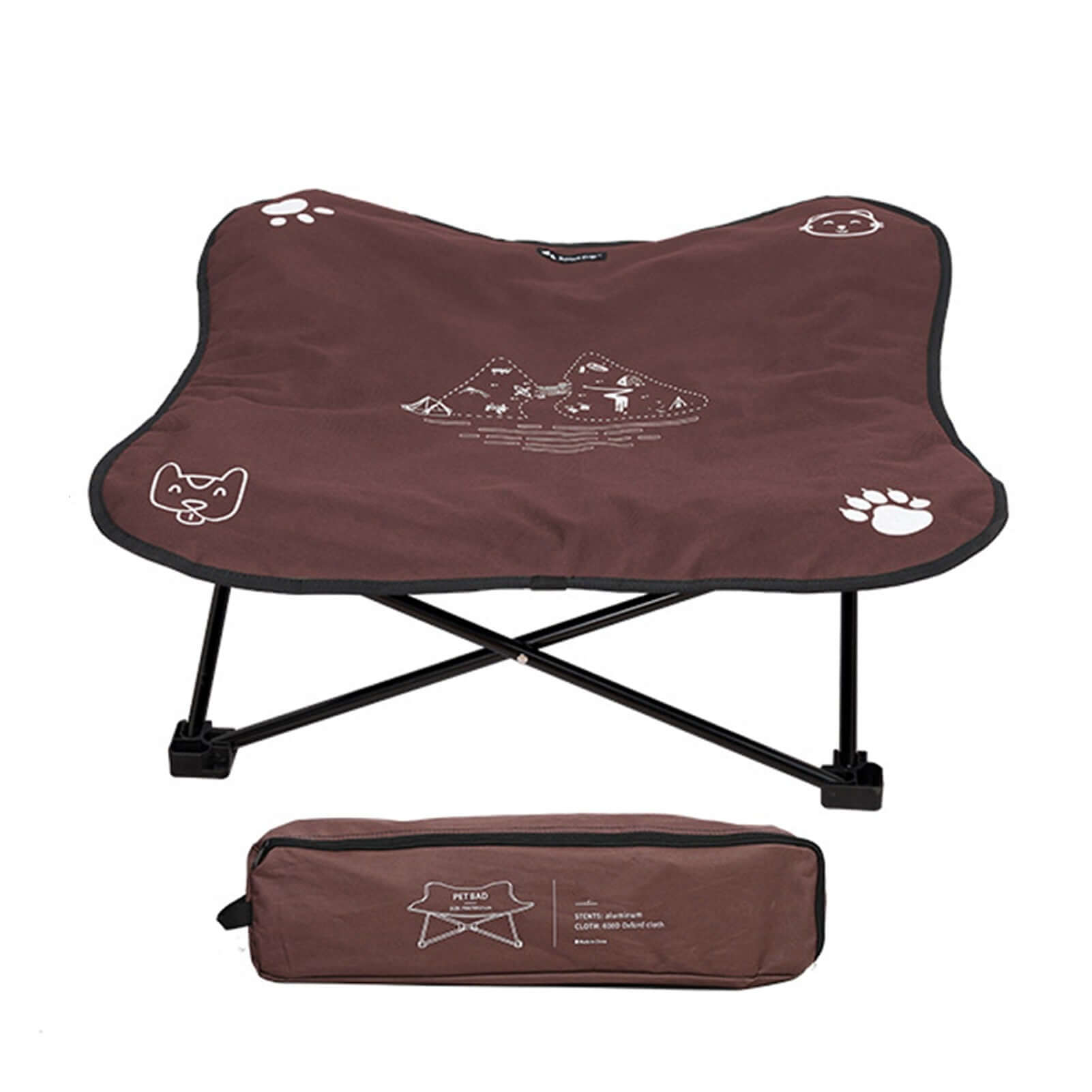Brown pet bed with black legs and a matching carrying case on a white background