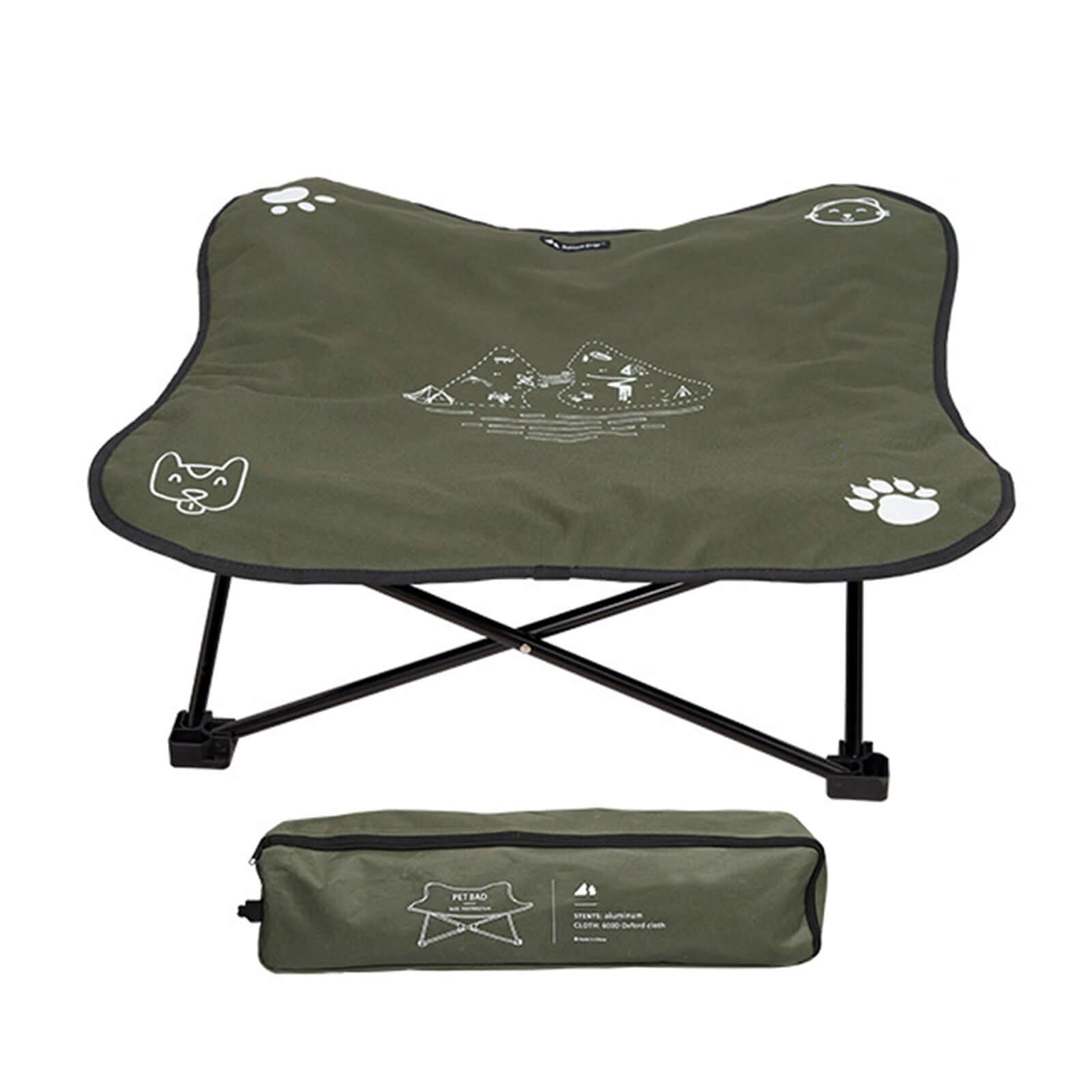 Green pet camping bed with black legs and a matching carrying bag on a white background