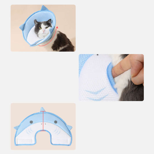 Cat wearing a blue cone-shaped pet recovery collar with close-up views of the design.